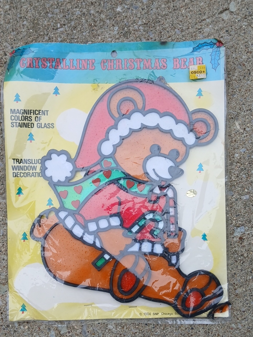 Vintage 80s Crystalline Christmas Bear Acrylic Stained Glass Window Decor AS-IS
